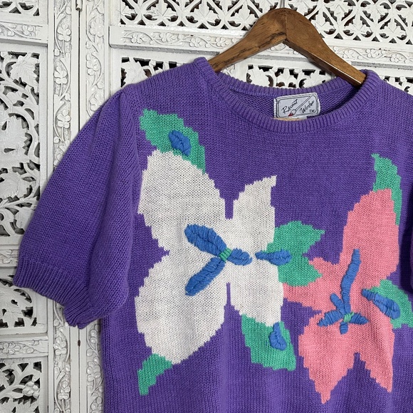 Vintage Recent‎ Works Purple Floral Pastel Short Sleeve Grannycore Sweater - Picture 3 of 8